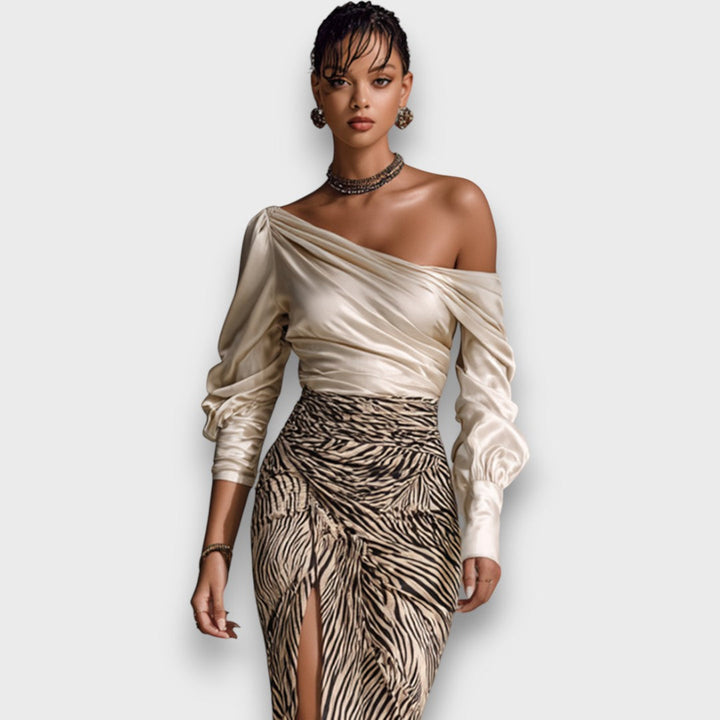 Adelisse – Long evening top with off-shoulder design