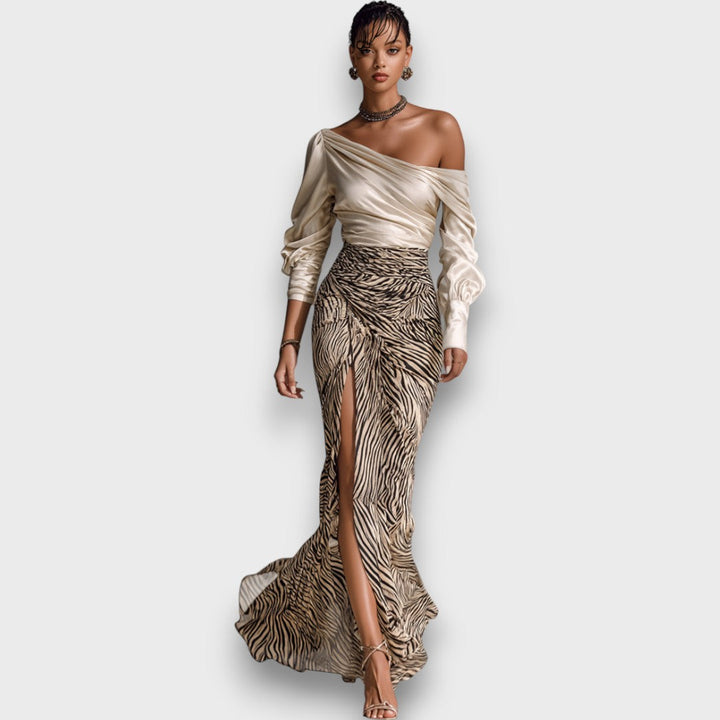 Adelisse – Long evening top with off-shoulder design